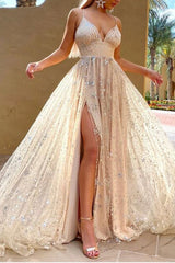 Elegany Spaghetti-Straps V-Neck Prom Dress Sequins Long Party Gowns With Slit-Ballbella