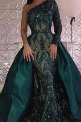 Emerald green Long Sleevess Mermaid One Shoulder Sequins Evening Dresses with Overskirt-Ballbella