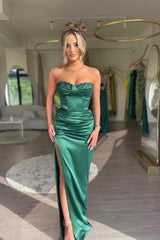Emerald Green Strapless Sleeveless Mermaid Prom Dress High Split Appliques-Ballbella