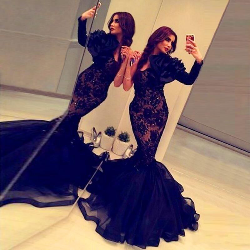 Evening Gowns Black One Shoulder Beaded Ruffles Train Arabic Pageant Dresses Evening Gowns Black One Shoulder Beaded Ruffles Train Arabic Pageant Dresses