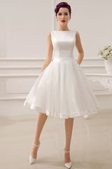 Exclusive Short Wedding Dress Retro Bridal Dress Bateau Sleeveless Reception Bridal Gown-Ballbella