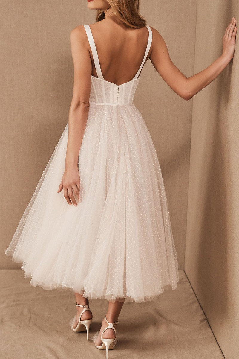 Exclusive White Wedding Dresses T-Length A-Line Sweetheart Pearls Spaghetti Straps Tea Length Bridal Dress Exclusive White Wedding Dresses T-Length A-Line Sweetheart Pearls Spaghetti Straps Tea Length Bridal Dress