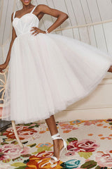 Exclusive White Wedding Dresses T-Length A-Line Sweetheart Pearls Spaghetti Straps Tea Length Bridal Dress-Ballbella