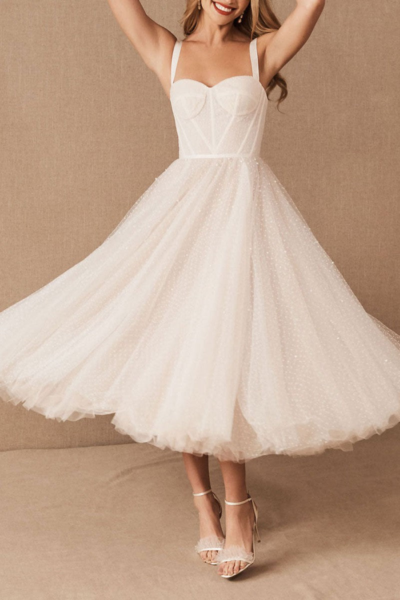 exclusive White Wedding Dresses T-Length A-Line Sweetheart Pearls Spaghetti Straps Tea Length Bridal Dress exclusive White Wedding Dresses T-Length A-Line Sweetheart Pearls Spaghetti Straps Tea Length Bridal Dress