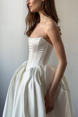 Exquisite Ivory Satin Sleeveless Strapless Long Wedding Dress with Ruffles-Ballbella