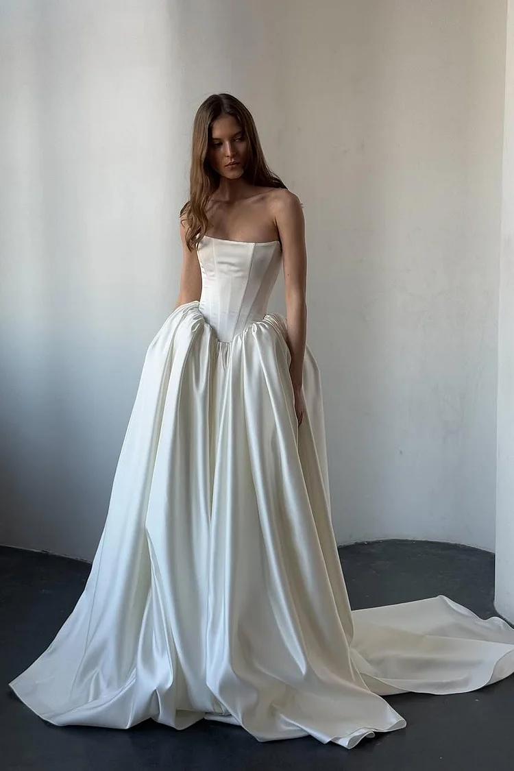 Exquisite Ivory Satin Sleeveless Strapless Long Wedding Dress with Ruffles Exquisite Ivory Satin Sleeveless Strapless Long Wedding Dress with Ruffles