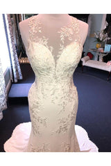 Exquisite Jewel Sleeveless Wedding Dress Sheath Tulle Lace Open Back Bridal Gown-Ballbella