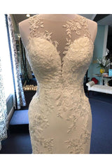 Exquisite Jewel Sleeveless Wedding Dress Sheath Tulle Lace Open Back Bridal Gown-Ballbella