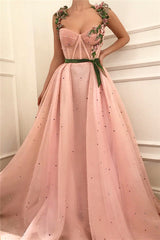 Exquisite Pink Tulle Burgundy See Through Bodice Sweetheart Sash Prom Dress with Pearls-Ballbella
