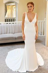 Exquisite Straps Satin V-Neck Mermaid Wedding Dresses Sleeveless Open Back With Ribbons-Ballbella