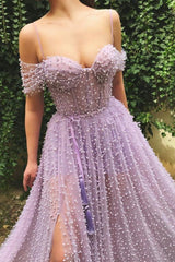 Exquisite Sweetheart Front Slit Long Affordable Tulle Pearls Off-the-Shoulder Prom Dress-Ballbella