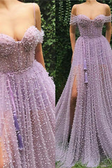 Exquisite Sweetheart Front Slit Long Affordable Tulle Pearls Off-the-Shoulder Prom Dress-Ballbella