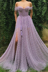 Exquisite Sweetheart Front Slit Long Affordable Tulle Pearls Off-the-Shoulder Prom Dress-Ballbella