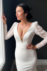 Exquisite V-Neck Long Sleeves Satin Wedding Dresses Mermaid Long Open Back With Buttons Pleats-Ballbella