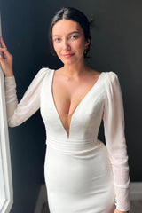 Exquisite V-Neck Long Sleeves Satin Wedding Dresses Mermaid Long Open Back With Buttons Pleats-Ballbella