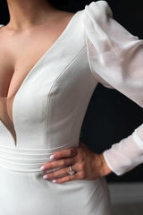 Exquisite V-Neck Long Sleeves Satin Wedding Dresses Mermaid Long Open Back With Buttons Pleats-Ballbella