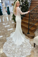 Exquisite V-Neck Mermaid Wedding Dresses Appliques Lace Long Sleeves Open Back With Buttons-Ballbella