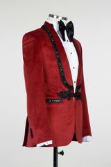 Dark Red Velvet Knitted Button Prom Suit with Black Chains
