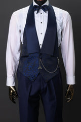 Navy Blue Jacquard 3-Piece Wedding Suit for Groom