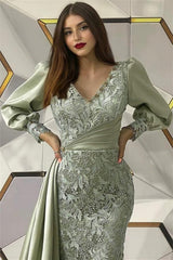Fabulous Dusty Sage Mermaid Long Sleeves Evening Dresses With Lace-Ballbella
