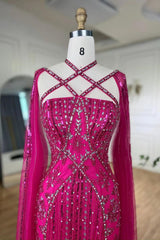 Fabulous Hot Pink Beadings Evening Dress Mermaid Long With Ruffle-Ballbella
