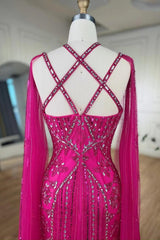 Fabulous Hot Pink Beadings Evening Dress Mermaid Long With Ruffle-Ballbella
