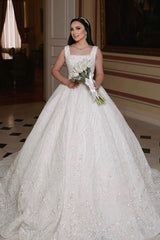 Fabulous Long Ivory A-line Sleeveless Beading Wedding Dress With Lace-Ballbella