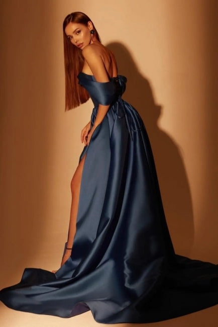 Fabulous Long Navy Blue A-line Off-the-shoulder Prom Dresses With