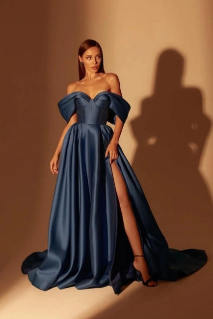 Fabulous Long Navy Blue A-line Off-the-shoulder Prom Dresses With Split Online Fabulous Long Navy Blue A-line Off-the-shoulder Prom Dresses With Split Online