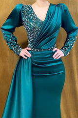 Fabulous Long Satin V-neck Mermaid Evening Prom Dresses With Beading-Ballbella