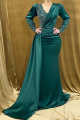 Fabulous Long Satin V-neck Mermaid Evening Prom Dresses With Beading-Ballbella