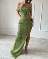 Fabulous Mermaid Sleeveless Satin Sequined Split Limegreen Prom Dress-Ballbella