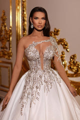 Fabulous Princess Long Long V-Neck One Shoulder Wedding Dresses Online-Ballbella