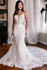 Fabulous Spaghetti-Straps Sleeveless Mermaid Lace Wedding Dresses Online-Ballbella