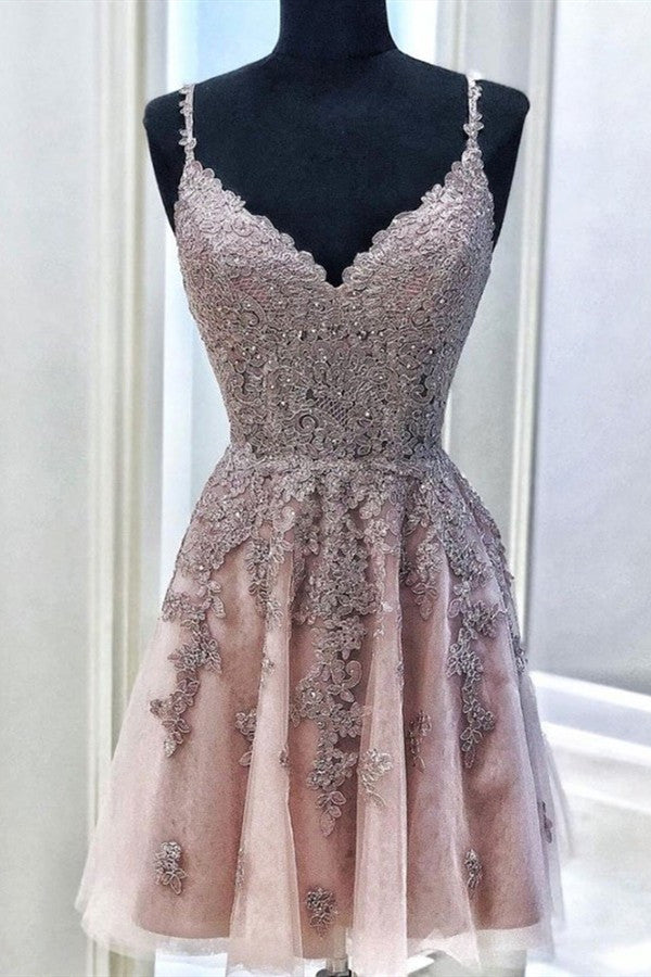 Fantastic V-neck Sleeveless Beading Homecoming Dress Chic Spaghetti St –  Ballbella