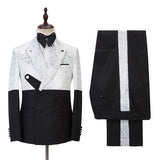 Fashion Black and White Jacquard Peaked Lapel Men Suits Online-Ballbella