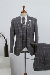 Fashion Dark Gray Plaid Three-pieces Slim Fit Custom Business Suit-Ballbella