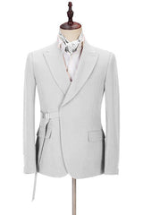 Fashion Peaked Lapel Silver Men Suits with Adjustable Buckle-Ballbella