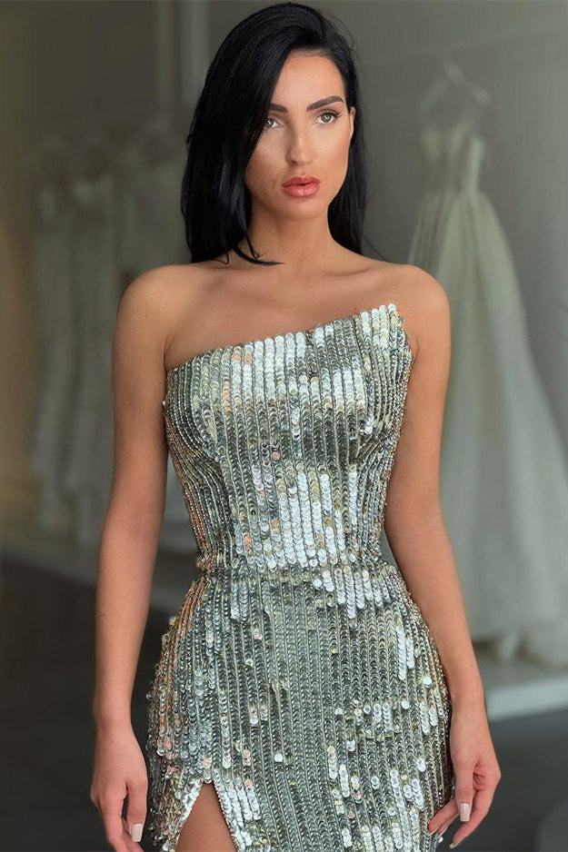 Fashion Silver Sequin Asymmetric Neckline High Split Prom Dress Fashion Silver Sequin Asymmetric Neckline High Split Prom Dress