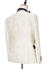 Fashion White Jacquard Sparkle Silver Gray Lapel Flaps Black Banding Edge Men Wedding Suits Tuxedos-Ballbella