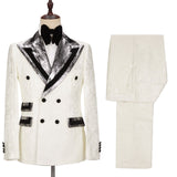 Fashion White Jacquard Sparkle Silver Gray Lapel Flaps Black Banding Edge Men Wedding Suits Tuxedos-Ballbella