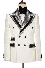 Fashion White Jacquard Sparkle Silver Gray Lapel Flaps Black Banding Edge Men Wedding Suits Tuxedos-Ballbella