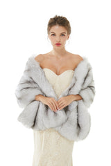 Faux Fur Wedding Shawl Light Gray Fluffy Bridal Wrap Shrug-Ballbella