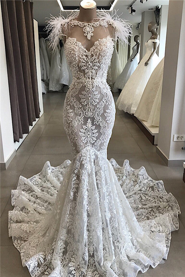 Fit and Flare Lace Crystals Necklace Wedding Dresses Open Back Bridal Gowns with Feather Fit and Flare Lace Crystals Necklace Wedding Dresses Open Back Bridal Gowns with Feather