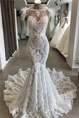 Fit and Flare Lace Crystals Necklace Wedding Dresses Open Back Bridal Gowns with Feather-Ballbella