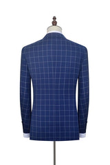 Flap Pocket Peak Lapel Grey Checked Navy Blue Mens Suits-Ballbella