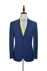 Flap Pocket Peak Lapel Grey Checked Navy Blue Mens Suits-Ballbella