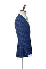 Flap Pocket Peak Lapel Grey Checked Navy Blue Mens Suits-Ballbella