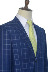 Flap Pocket Peak Lapel Grey Checked Navy Blue Mens Suits-Ballbella