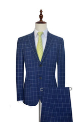 Flap Pocket Peak Lapel Grey Checked Navy Blue Mens Suits-Ballbella